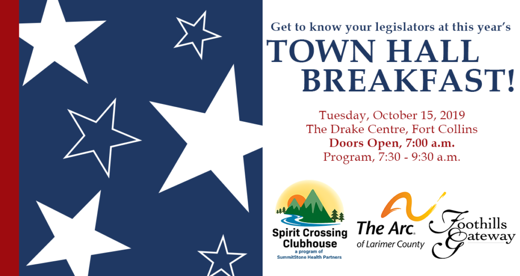 Town Hall Breakfast title image, includes logos from Spirit Crossing Clubhouse, The Arc of Larimer County, and Foothills Gateway