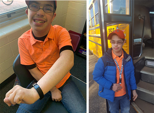 two photos of Devin wearing his new Fitbit and getting on the school bus